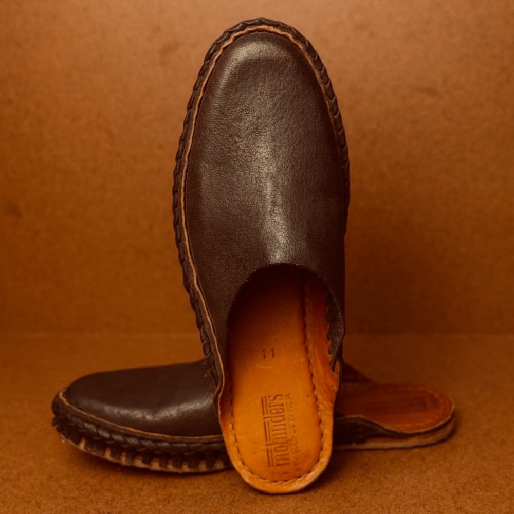 Brown Leather Slip-On Mules with Hand-Stitched Trim